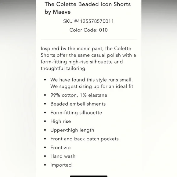 Anthropologie NWT The Colette Beaded Icon Shorts by Maeve size 25P. - Picture 7 of 16